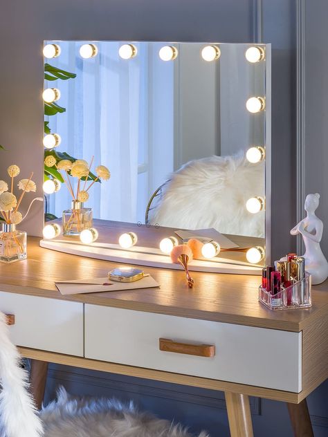 LUXFURNI Vanity Mirror with Makeup Lights, Large Hollywood Light up Mirrors w/ 18 LED Bulbs for Bedroom Tabletop & Wall Mount Makeup Lights, Hollywood Makeup Mirror, Hollywood Vanity Mirror, Hollywood Lights, Hollywood Mirror, Large Vanity, Makeup Vanity Mirror, Lighted Vanity Mirror, Makeup Mirror With Lights