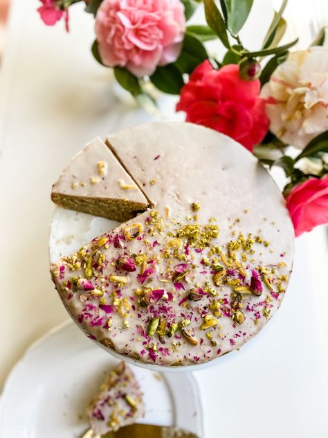 Vegan Persian Love Cake - Plant-Based Persian Vegan Persian Love Cake, Vegan Indian Dessert, Love Cake Recipe, Persian Love Cake, Persian Desserts, Magical Love, Cardamom Cake, Almond Yogurt, Vegan Wedding Cake