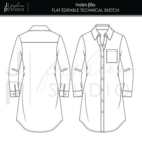 Shirt Flat Sketch Front And Back, Shirt Dress Drawing, Women Shirt Technical Drawing, Shirt Dress Illustration, Women Shirt Flat Sketch, Blouses Drawing, Shirt Dress Sketch, Shirt Dress Flat Sketch, Flat Sketches Dress