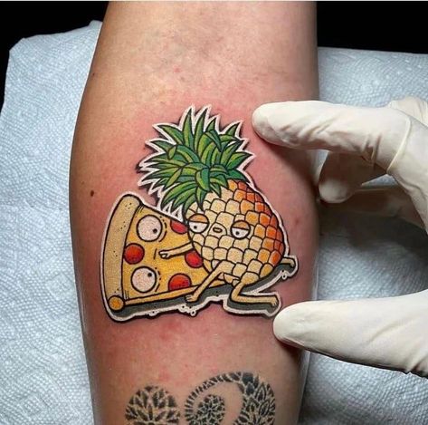 Funny Small Tattoos, Dumbest Tattoos, Pineapple On Pizza, Pizza Tattoo, Chef Tattoo, Chicken Tattoo, Pineapple Tattoo, Tattoo Design Tattoo, Food Tattoos