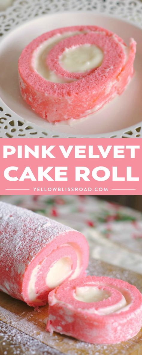 Light Cream Cheese Frosting, Pink Velvet Cake, Pink Velvet Cakes, Baby Bump Cakes, Sponge Cake Filling, Cake Roll Recipes, Valentine Cake, Pink Foods, Swiss Roll