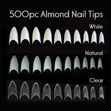 500 Pc Almond Shaped Nail Tips Choose from: White or Clear or Natural White Comes in 10 sizes, 50pcs of each size Tip Size Range from 0.7 - 1.4cm Wide 1.8 - 2.8cm Length Checkout my other listings for more Nail Art Supplies :) Thanks for Looking Different Shape Nails, Almond Tips, Natural Fake Nails, Easy Nail Ideas, Kids Nail Designs, Nail Design Video, Pointy Nails, Shape Nails, Halloween Tutorial