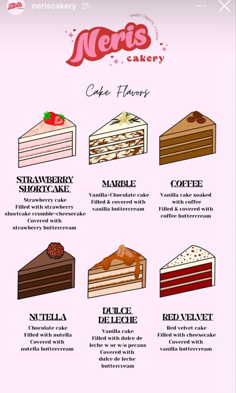 Cake Flavors For Weddings, Type Of Cakes, Cake Buisness Ideas, Bakery Cake Ideas, Small Cake Business, Cake Decorating Business, Bakery Desserts Ideas, Cheesecake Business, Different Flavours Of Cakes