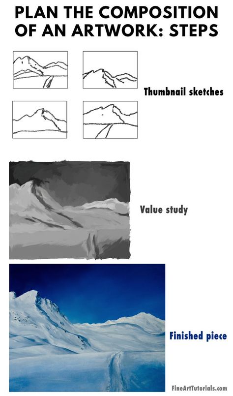 The process of planning a composition with a sketch starts with a series of small thumbnail sketches, then progresses to a value study from which you can base your final artwork on. Find out more about how to plan the compostion of an artwork with sketches and value studies in our guide. #compositionsketch #valuestudy #valueinart #valuesinart #beginnerart #artforbeginners #paintingbeginners #howtopaint #paintinglessons Gouache Art For Beginners, Composition Sketch, Value Studies, Value Study, Value Painting, Pilots Art, Thumbnail Sketches, Craft Photography, Beginner Art