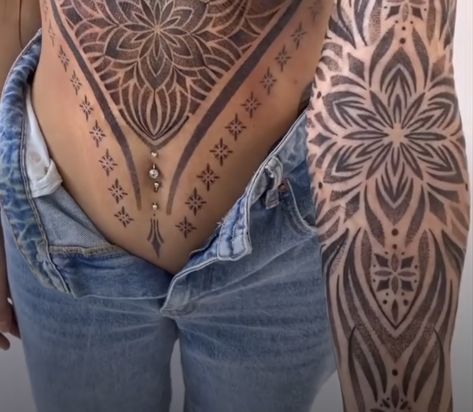 Geometric Stomach Tattoos Women, Women’s Tattoos On Stomach, Ab Tattoos For Women, Mandala Stomach Tattoo, Ornamental Stomach Tattoo, Full Stomach Tattoo Woman, Women Stomach Tattoos, Button Tattoo, Wife Tattoo