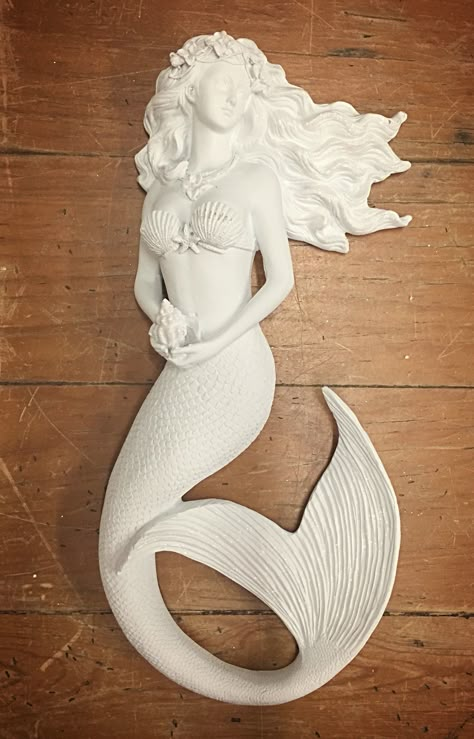 Mermaid Wood Carving, Ceramic Mermaid Sculpture, Carved Mermaid, Wood Carved Mermaid, Aluminum Foil Crafts, Mermaid Christmas Ornaments, Mermaid Sand Sculpture, Mermaid Sculpture, White Mermaid Figurine