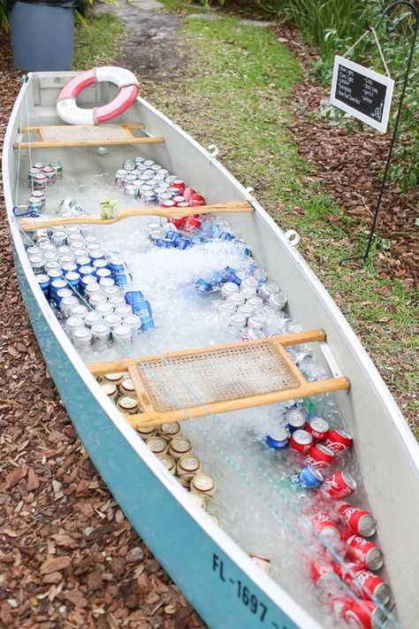 Luau Wedding Reception, Canoe Cooler, Beverage Station Party, Wedding Drink Station, Breakfast Party, Luau Wedding, Drink Station, Wedding Drink, Snacks Für Party