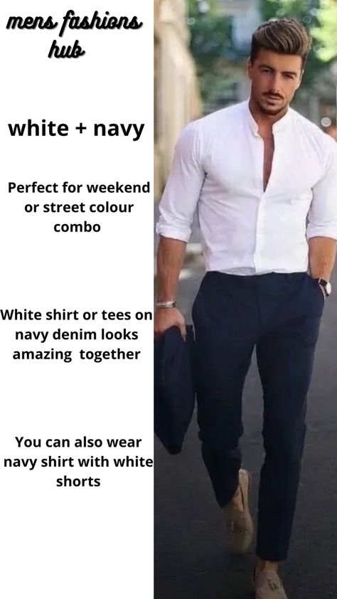 Mens Navy Trousers Outfit, White Shirt Blue Pants Men Formal, Navy Blue Outfit For Men, Navy Blue Outfits For Men, Navy Blue Pants Outfit Mens, Navy Blue Linen Pants, White Pants Men, Navy Blue Outfit, Navy Pants Men