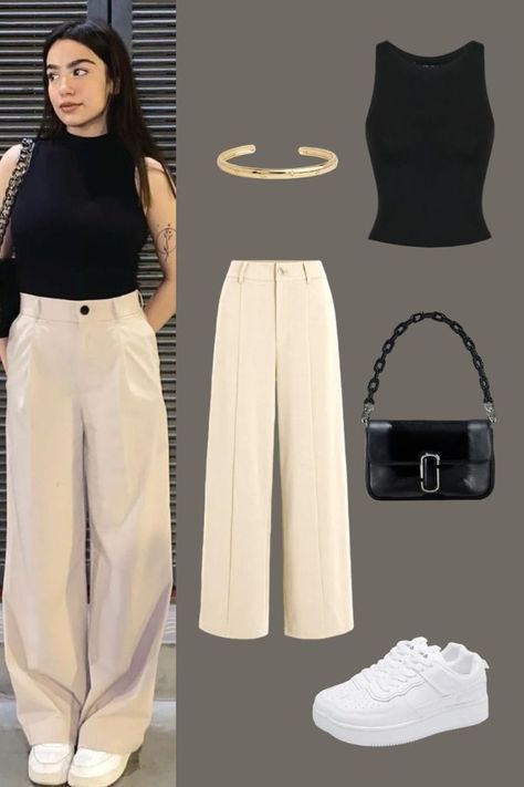 Modern Trousers Women, White Trouser Outfit Ideas, Trouser Tank Top Outfit, Casual Black White Outfit, Outfit Ideas With Black Trousers, Trouser Women Outfit, Outfit For White Pants, Black Top And Trousers Outfit, Set Pants And Top