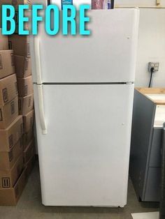 Reface Refrigerator, White Fridge Black Handles, Diy Paint Fridge, Update Refrigerator Fridge Makeover, Vinyl On Fridge, Painted Appliances Diy, White Fridge Decor, Can You Paint Appliances, Fridge Handle Diy