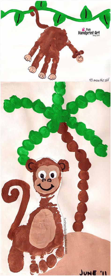 Super cute handprint & footprint Monkey Crafts to make with kids. Monkey Craft, Hand Print Art, Palm Tree Crafts, Jungle Crafts, Zoo Crafts, Zoo Animal Crafts, Baby Footprint Art, Monkey Crafts, Footprint Crafts