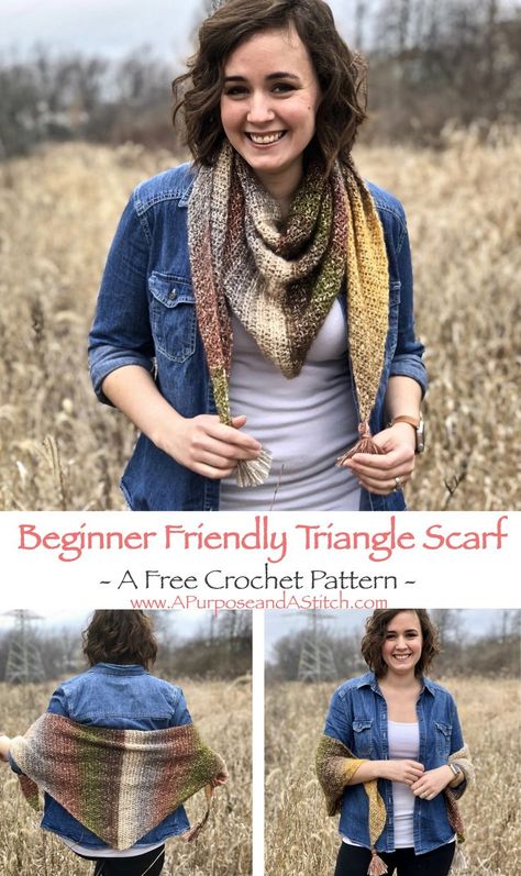 Crochet Knowledge, Crochet Cottage, Triangle Scarf Crochet Pattern, Crochet Triangle Scarf, Crochet Scarfs, Crochet Wearables, Scarf Patterns, Large Font, Crochet Scarf Pattern Free