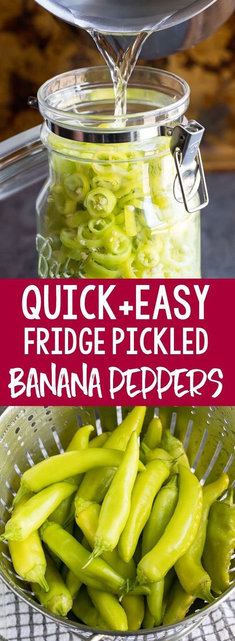 Quick Pickled Banana Peppers are fast and delicious! Skip the store and make your own zesty banana peppers at home with this easy peasy refrigerator pickled pepper recipe. #peppers #bananapeppers #pickledpeppers #vegetarian #vegan #keto #glutenfree #easyrecipes #lowcarb #paleo #pegan Pickling Peppers, Recipe Peppers, Pickled Pepper Recipe, Recipes With Banana Peppers, Pickled Banana Peppers, Pickled Peppers, Pepper Recipes, Pepper Recipe, Banana Peppers