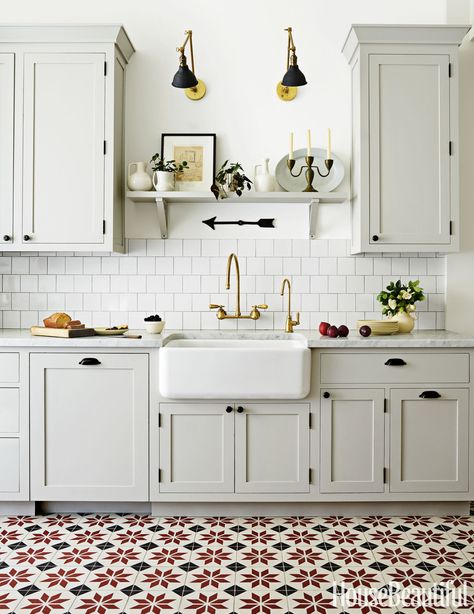 Tour an Old World Kitchen With Surprising Floors, Grant Gibson, tile floors, patterned floors, off white cabinets, light gray cabinets Statement Kitchen, Old World Kitchens, Kitchen Ikea, Kabinet Dapur, Fun Kitchen, Decor Ikea, Classic Kitchen, Kitchen Design Trends, Kitchen Floor Tile