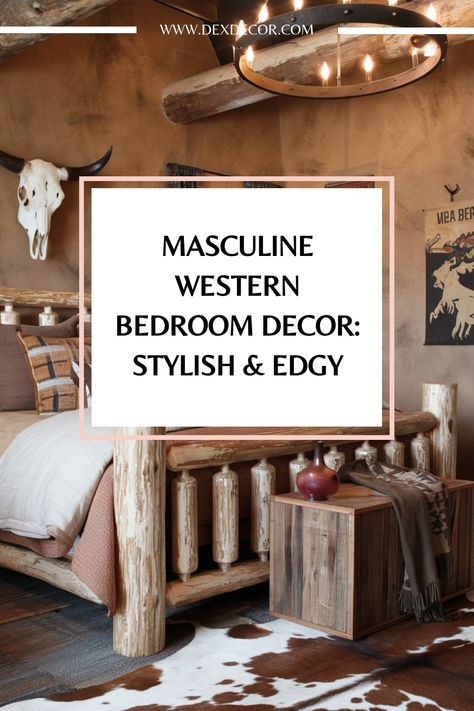 Rustic bedroom with wood furniture, cowhide rug, and Western decor elements. Southwestern Bedroom Decor Ideas, Yellowstone Decor Home, Western Boho Bedroom Ideas, Southwestern Bedroom Decor, Modern Western Decor, Western Bedroom Ideas, Western Boho Bedroom, Southwestern Bedroom, Kitchen Flooring Trends