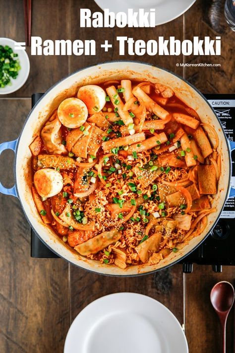 Rabokki - Instant Ramen Noodles + Tteokbokki (Korean spicy rice cakes) | http://MyKoreanKitchen.com Ramen Tteokbokki, My Korean Kitchen, Tteokbokki Recipe, Korean Kitchen, Multi Cooker, Spicy Rice, Korean Snacks, Korean Cooking, Instant Ramen