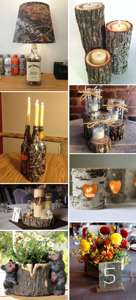 camo wedding centerpieces ideas with candles and stumps Camo Wedding Centerpieces, Camo Wedding Ideas, Camo Wedding Decorations, Country Camo Wedding, Camo Wedding Dresses, Candles And Flowers, Camouflage Wedding, Hunting Wedding, Country Wedding Decorations