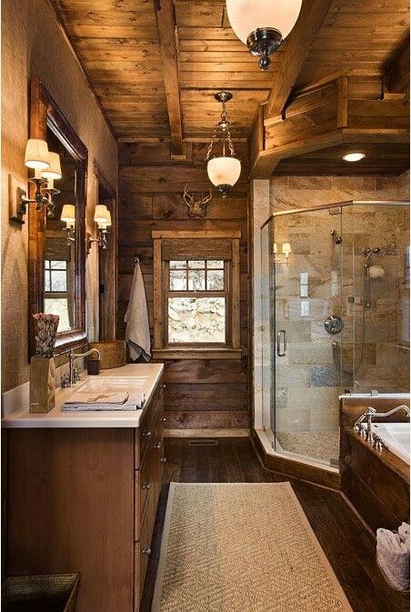 Love this Drømme Bad, Log Home Builders, Log Cabin Ideas, Farmhouse Tile, Cabin Bathrooms, Log Home Decorating, Cabin Living, Rustic Bathrooms, Log Cabin Homes