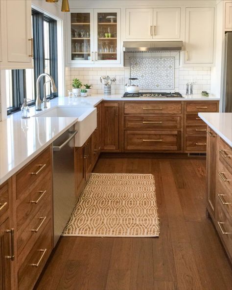 White Uppers Wood Lowers, Wood Lower Cabinets White Upper, White Upper Cabinets Wood Lower, Natural Wood Kitchen Cabinets, White Upper Cabinets, Hickory Kitchen, Natural Wood Kitchen, Kitchen Transitional, Wood Kitchen Cabinets