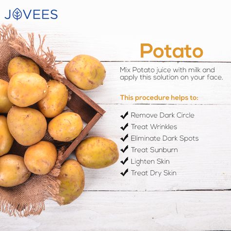 Wednesday Wonder! Benefits of potato for skin! #wonderwednesday #wednwsdaywonder #acnefreeskin #skinbrighten #ingredients #beautytips #skincareathome #skincare #beauty #natural #jovees Potato For Skin, Potato Face, Benefits Of Potatoes, Beauty Tips With Honey, Dark Circles Around Eyes, Sunburn Skin, Potato Juice, Aloe Vera Benefits, Acne Free Skin