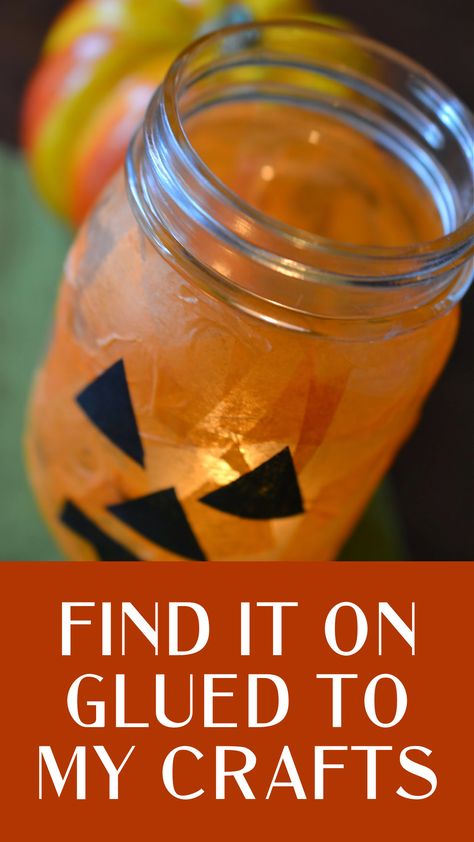 Mason Jar Jack-O-Lantern Luminary Craft Fall Mason Jar Crafts Tea Lights, Mini Jackolantern Ideas, Halloween Mason Jar Lanterns, Floating Candles Mason Jars, Floating Candles Halloween, Fall Mason Jar Crafts, Fall Jars, Orange Tissue Paper, Senior Crafts