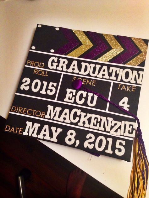 Film slate graduation cap Film Slate, College Grad Cap Ideas, Grad Cap Decorated, High School Graduation Cap, College Graduation Cap Decoration, Grad Cap Designs, Diy Graduation Cap, Graduation Cap Designs, Graduation Caps