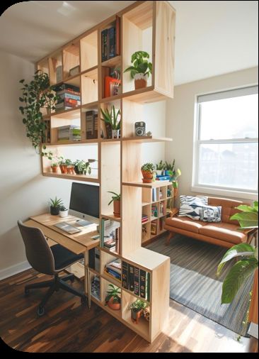 Small Ergonomic Home Office, Small Attic Library, Room Divider Desk, Small Office Solutions, Library Small Room Ideas, Tiny House Office Ideas, Split Office Ideas, Small Home Interior Design Ideas Tiny Houses, Small Space Library Ideas