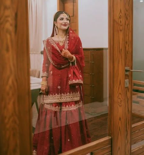 Red Sharara Bridal, Garara Design, Red Gharara, Valima Dress, Shadi Season, Bridal Gharara, Gharara Designs, Engagement Dress For Bride, Nikah Outfit