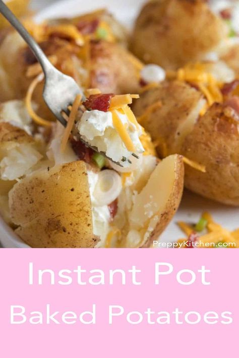 Incredibly comforting Instant Pot Baked potatoes from Preppy Kitchen are ready in under half an hour! Fluffy on the inside with a crispy skin, serve these potatoes as a simple side dish or load them up with your favorite toppings! #instantpot #bestbakedpotatoes #instantpotpotatoes Instant Pot Baked Potatoes, Potatoes In The Instant Pot, Baked Potato Bar, Perfect Baked Potato, Making Baked Potatoes, How To Make Potatoes, Potato Toppings, Baked Potato Recipes, Cooking On A Budget