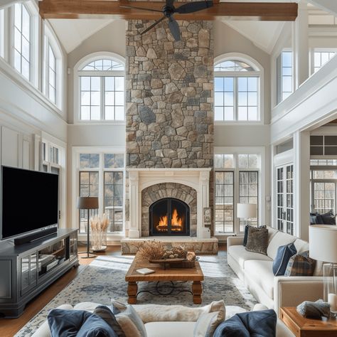 stone fireplace with a beautiful wood mantel in a living room Living Room With Wood Burning Fireplace, Living Rooms With Stone Fireplaces, Stone Fireplace High Ceiling, Center Of Room Fireplace, Stone Country House, Stone And Shiplap Fireplace, Crown Molding Fireplace, Stone Fireplace Floor To Ceiling, Tall Stone Fireplace