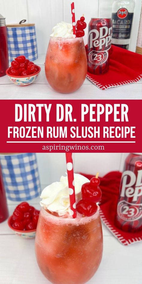 Dirty Dr. Pepper Frozen Rum Slush | Dr. Pepper Drink Recipes | Rum Infused Cocktails | Summer Patio Drink Ideas | Rum Slushies | Rum and Cherry Liqueur Cocktail Idea #RumRecipes #DrPepper #DirtyDrPepper #FrozenRumSlush #SummerDrinkRecipe Dirty Dr Pepper Recipe With Alcohol, Rum Infusions, Rum Slushies, Dr Pepper Drink, Dirty Dr Pepper, Alcoholic Slush Recipes, Cream Cocktails, Infused Cocktails, Ice Cream Cocktails