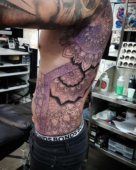 Rib Tattoos For Guys, Mandala Tattoo Sleeve, Geometric Mandala Tattoo, Geometric Sleeve Tattoo, Men Chest, Cool Chest Tattoos, Chest Tattoo Men, Geometric Mandala, Mandala Tattoo Design