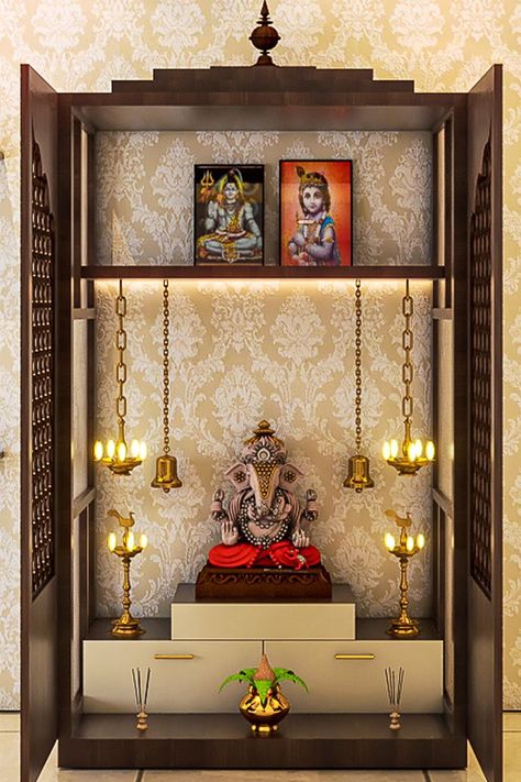 ganpati-decoration-ideas-from-celeb-homes Simple Pooja Mandir Designs, Pooja Room Simple Designs, Home Mandir Designs Puja Room Simple, Pooja Ghr Ideas, Simple Home Temple Design, Pooja Room Design Simple, Decoration Items Home Decor, Pooja Room Mandir Design, Indian Altar Design