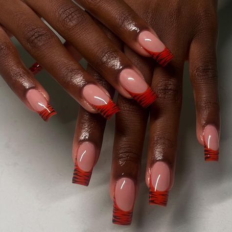 tiger frenchies! - using @apresnailofficial products - - - #gelx #frenchies #animalprint #nailinspo #sanantonionails #nailtech #sanantoniogelx #follow #explore Red Zebra Print Nails, Nails Tiger, Red Zebra Print, Tiger Nails, Zebra Print Nails, 2023 Nail, Red Tiger, Print Nails, Nail Tech