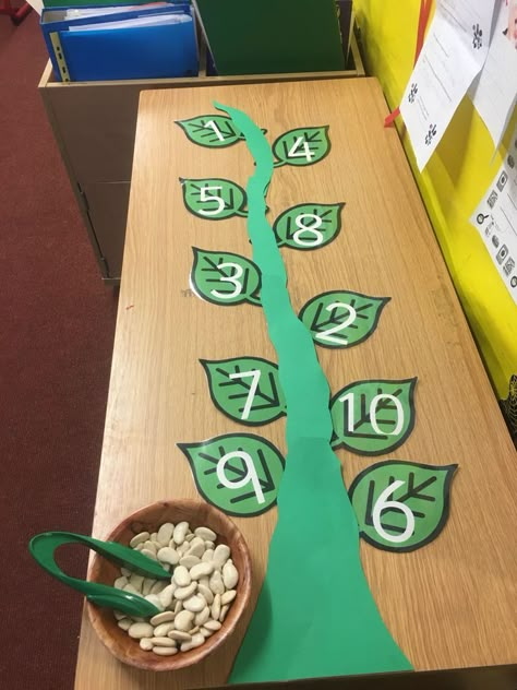 Jack and the Beanstalk Finger Gym. In this activity you have to put the right amount of beans onto the numbered leaves using the tweezers. Fairy Tales Preschool Activities, Fairy Tales Preschool, Nursery Rhymes Preschool, Finger Gym, Eyfs Activities, Jack And The Beanstalk, Spring Preschool, Math Activities Preschool, Spring Activities