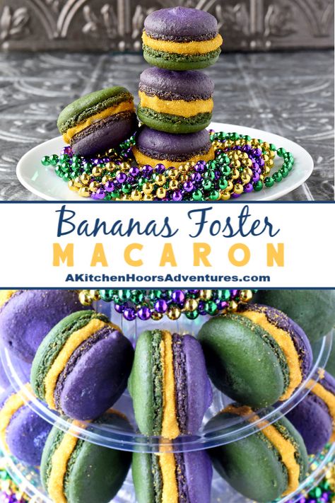 Mardi Gras Macarons, Macaron Fillings, Classy Cookies, Mardi Gras Desserts, Friday Recipes, Salted Caramel Coffee, Macaron Recipes, Macarons Recipe, Macaron Filling