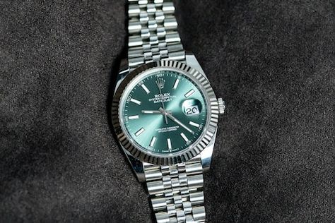 This latest generation Datejust is specified with Rolex’s recently released mint green sunburst dial. Rolex Date Just, Rolex Date, Men's Watches, Rolex Datejust, Leicester, Watch Collection, Mint Green, Rolex, United Kingdom