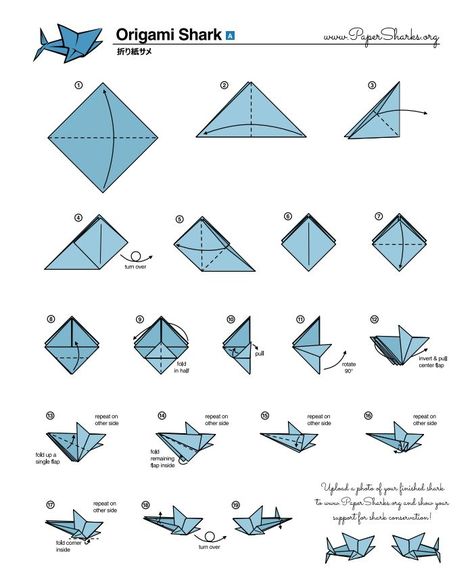 Fold Your Own Origami Shark At Home | Oceana Shark Origami, Origami Ocean, Paper Shark, Origami Shark, Shark Craft, Tutorial Origami, Origami Patterns, Folding Origami, Shark Pattern