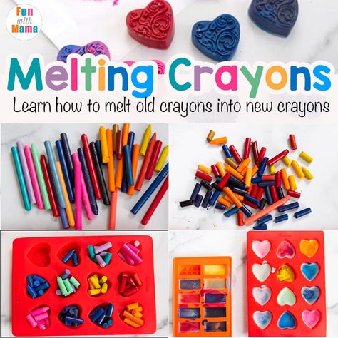 Melting crayons is so much fun! See how to melt crayons in this tutorial. Recycling Crayons Diy, Crayons In Silicone Mold, Crayon Shavings Crafts, Diy Crayons Melting How To Make, How To Melt Crayons In Silicone Molds, Crayon Melting Science Experiment, Silicone Mold Crayons, Homemade Crayons For Kids, How To Make Crayons Out Of Old Crayons