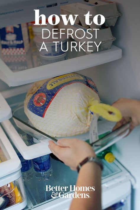 How long does it take to thaw a turkey? We'll tell you our best method for thawing frozen turkey (hint: it just takes planning) and teach you how to defrost a turkey in the sink safely. No matter the method you choose, be sure it's fully thawed before you start cooking. #howtothawturkey #thanksgiving #frozenturkey #bestwaytothawaturkey #refrigerator #bhg How To Defrost A Turkey Frozen, How To Defrost A Turkey, When To Thaw Turkey, Turkey Thaw Time, Thaw A Turkey, Defrosting Turkey, 20 Lb Turkey, Cooking A Frozen Turkey, Turkey Cooking Times