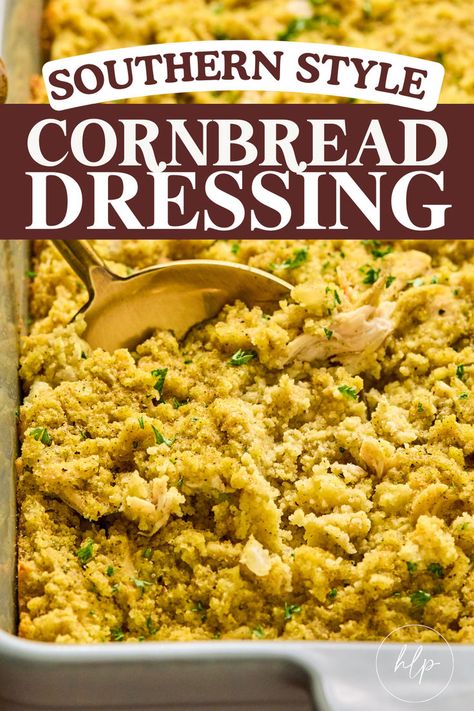 a close up photo of my Southern Cornbread Dressing Dressing Easy Recipes, Best Dressing Recipe, Southern Style Cornbread Dressing, Old Fashioned Cornbread Dressing, Homemade Cornbread Dressing, Old Fashioned Cornbread, Southern Cornbread Dressing, Keto Mashed Cauliflower, Cornbread Dressing Recipe