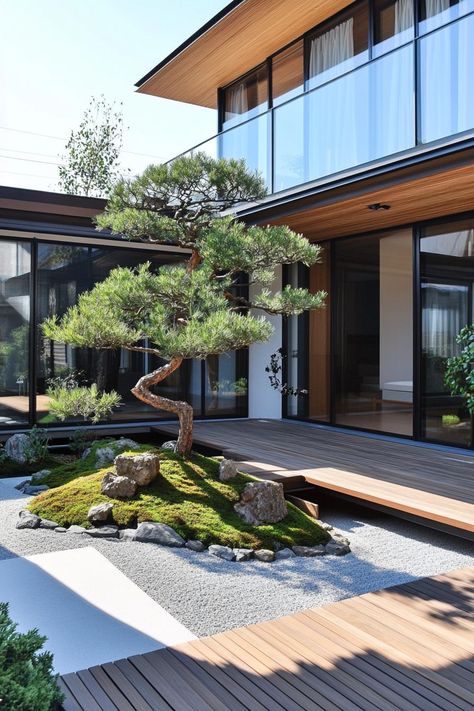 Modern japanese house inner courtyard with minimalist deck and laid tatami mats the courtyard has a small zen garden with bonsai trees. Check out all of these Japanese courtyard houses that blend nature, minimalism, and tranquility to embrace full zen living. Small House Design With Garden, Minimalistic Houses Exterior, Bonsai Tree Outdoor Garden, Japanese Inspired Courtyard, Japanese Garden Modern, Courtyard Zen Garden, Japanese Garden Inspiration, Japandi Courtyard, Japanese Patio Ideas