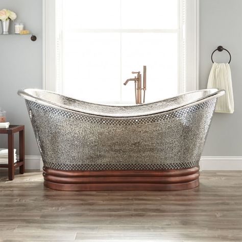 71" Anastasia Mosaic Nickel-Plated Copper Double-Slipper Tub - Bathtubs - Bathroom Copper Soaking Tub, Slipper Bathtub, Bathtub Shower Combo, Pedestal Tub, Copper Tub, Slipper Tubs, Refinish Bathtub, Copper Bathtubs, Freestanding Tub Faucet