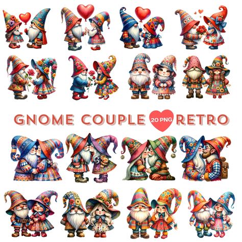 Couple Watercolor, Gnome Couple, Valentine Vintage, Couple Clipart, Couple Wallpaper, Retro 70s, Sublimation Png, Watercolor Clipart, Digital Printing