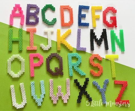 5 Little Monsters: Perler Bead Alphabet Perler Bead Alphabet, Bead Alphabet, Abc Patterns, Colorful Alphabet, Shel Silverstein, Kindergarten First Day, Perler Beads Designs, 26 Letters, Perler Patterns