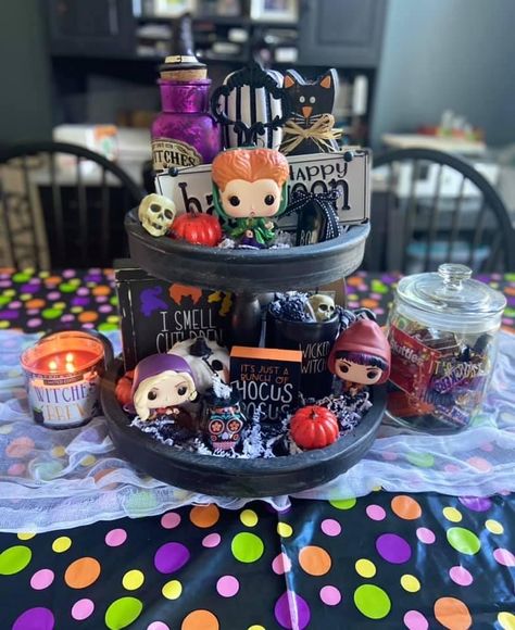 Hocus Pocus Tiered Tray Decor, Hocus Pocus Table Decor, Hocus Pocus Tiered Tray, Hocus Pocus Halloween Decor, Hocus Pocus Decorations, Fall Disney, Goth House, Disney Halloween Decorations, Rustic Cottage Decor