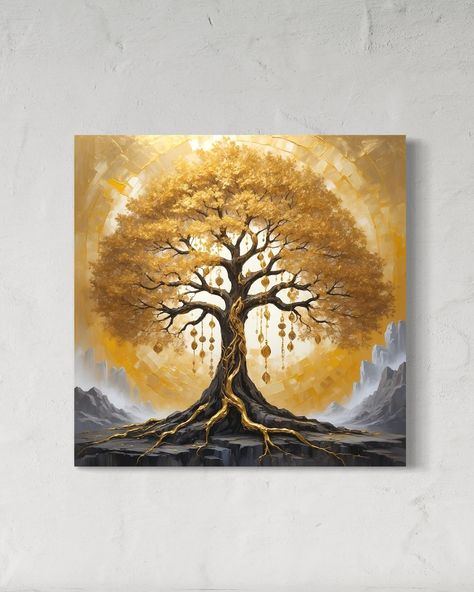 THE FLOW OF FORCE , canvas 80x80cm This painting shows strength and energy that bring financial success. The golden tree takes its power from the earth, and it stands for growing your wealth and finding success. Each branch is like a path where good things flow, and the golden leafs show luck and stability. They help you reach your goals. This tree is full of energy for success and attracts money and well-being to anyone who connects with it. Available to buy 💸 Price 850€ #ArtForInter... Gold Acrylic Painting Canvases, New Art Ideas Creativity, Money Tree Painting, Bedroom Artwork Ideas, Creative Artwork Ideas, Black Painting Canvas, Gold Black Painting, Kalpavriksha Tree, Gold Tree Painting