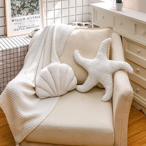 Shaped Throw Pillows, Beach Theme Bedroom, Ocean Decor Bedroom, Sofa Room Decor, Shell Bed, Seashell Pillow, Starfish Pillow, Living Sofa, Beach Throw Pillows