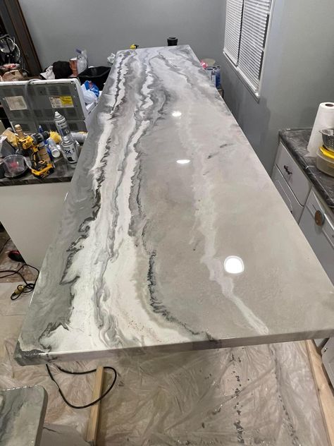 Grey Epoxy Countertop, White And Grey Epoxy Countertops, Epoxy Countertop White And Black, Glitter Epoxy Countertop, Epoxy Countertop Ideas, Kitchen Counter Epoxy, Epoxy Countertop Kitchens, Epoxy Countertop White And Blue, Kitchen Countertops Grey