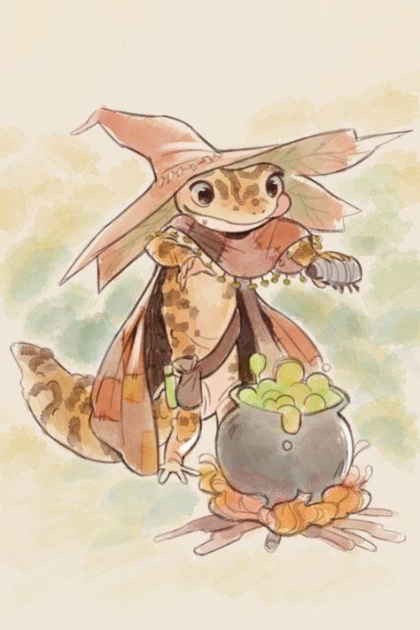 Leopard Gecko Illustration, Cute Gecko Art, Gecko Character Design, Reptile Character Design, Lizard Illustration, Cute Lizard, Cute Reptiles, Creature Drawings, A Witch